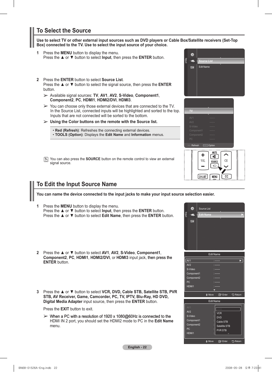 To select the source, To edit the input source name | Samsung PN50A530S2FXZA User Manual | Page 22 / 168