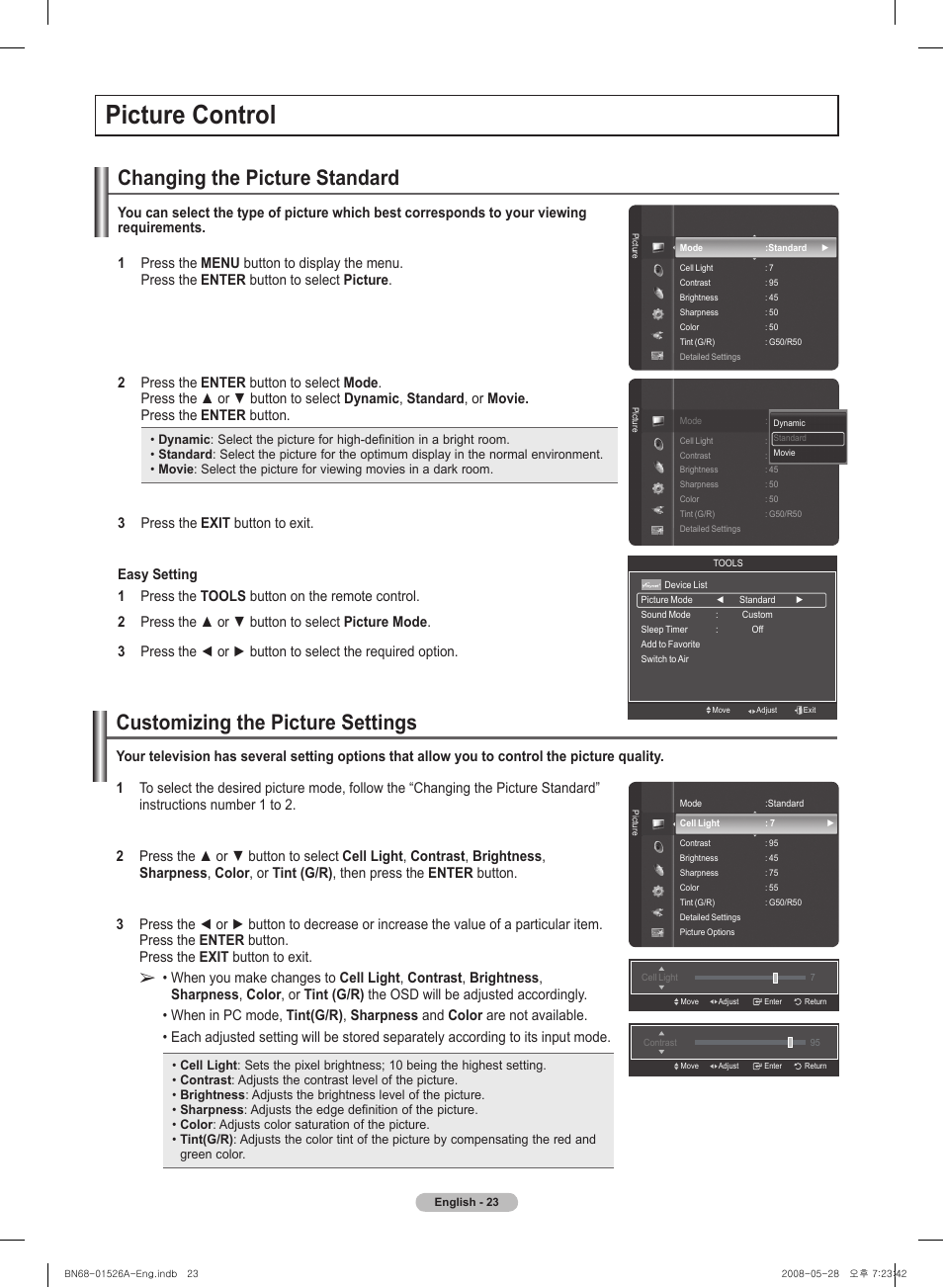 Picture control, Changing the picture standard, Customizing the picture settings | Samsung PN50A530S2FXZA User Manual | Page 23 / 168