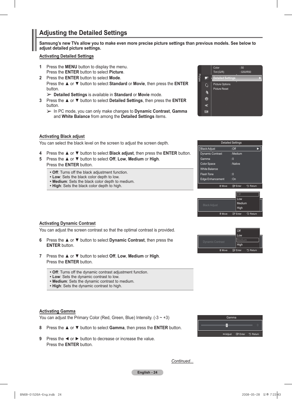 Adjusting the detailed settings | Samsung PN50A530S2FXZA User Manual | Page 24 / 168