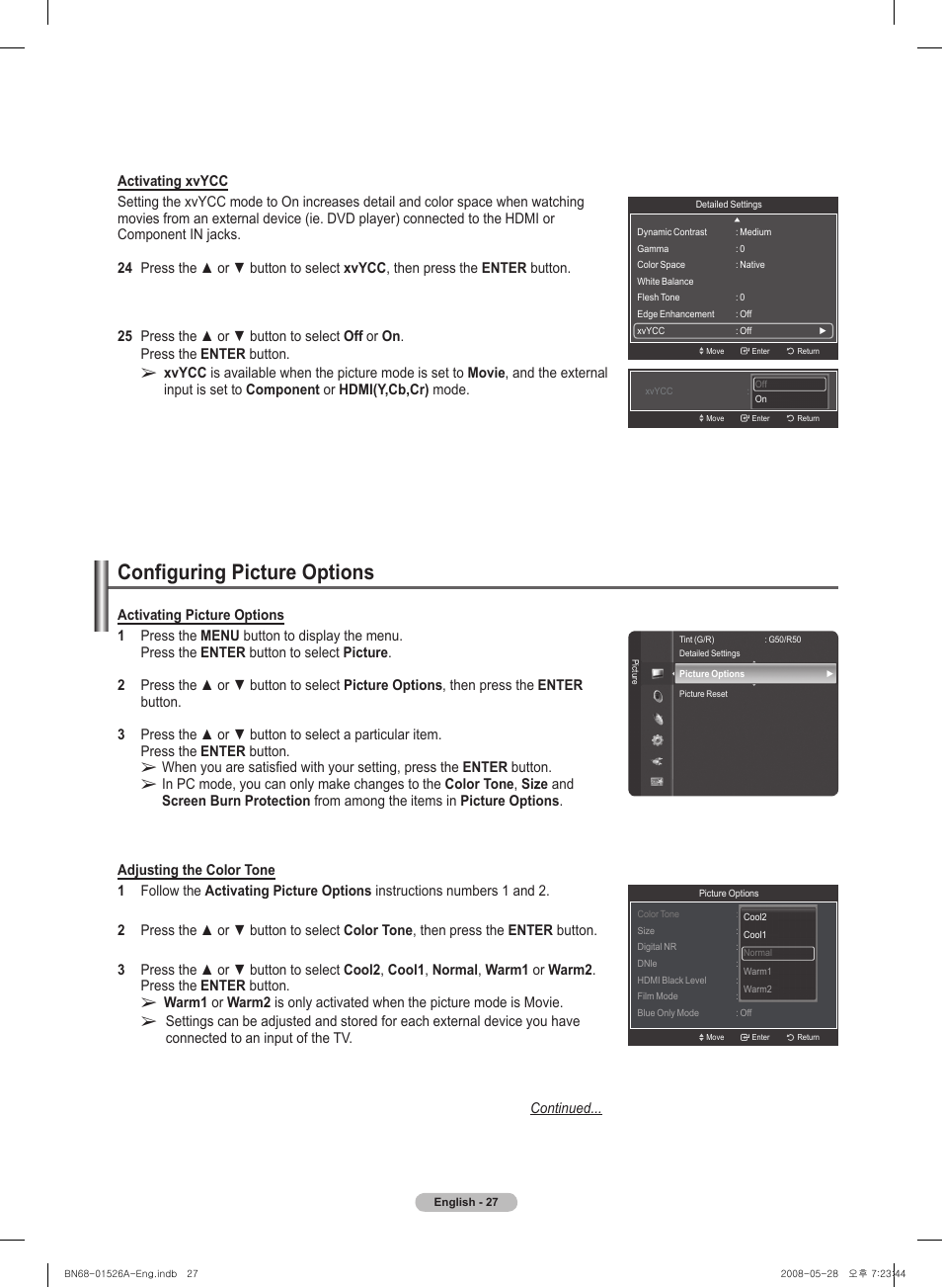 Configuring picture options | Samsung PN50A530S2FXZA User Manual | Page 27 / 168