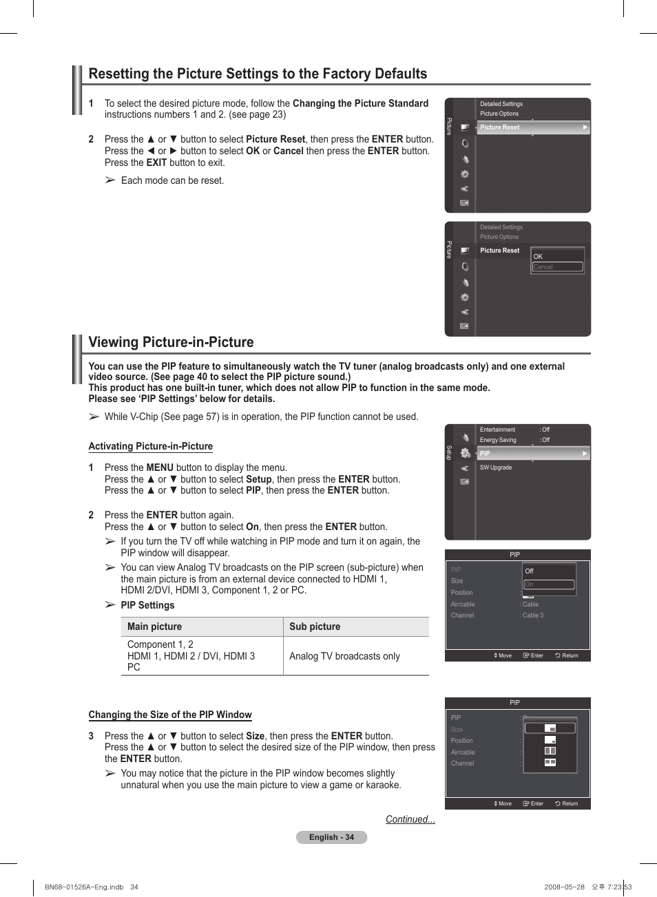 Viewing picture-in-picture | Samsung PN50A530S2FXZA User Manual | Page 34 / 168