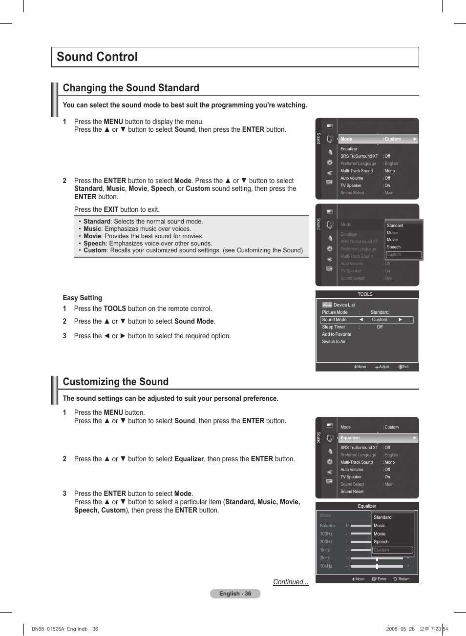 Sound control, Changing the sound standard, Customizing the sound | Samsung PN50A530S2FXZA User Manual | Page 36 / 168
