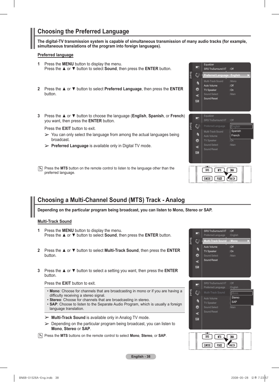 Choosing the preferred language | Samsung PN50A530S2FXZA User Manual | Page 38 / 168