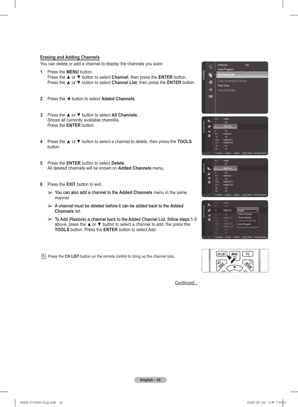 You can also add a channel to the, Continued | Samsung PN50A530S2FXZA User Manual | Page 42 / 168