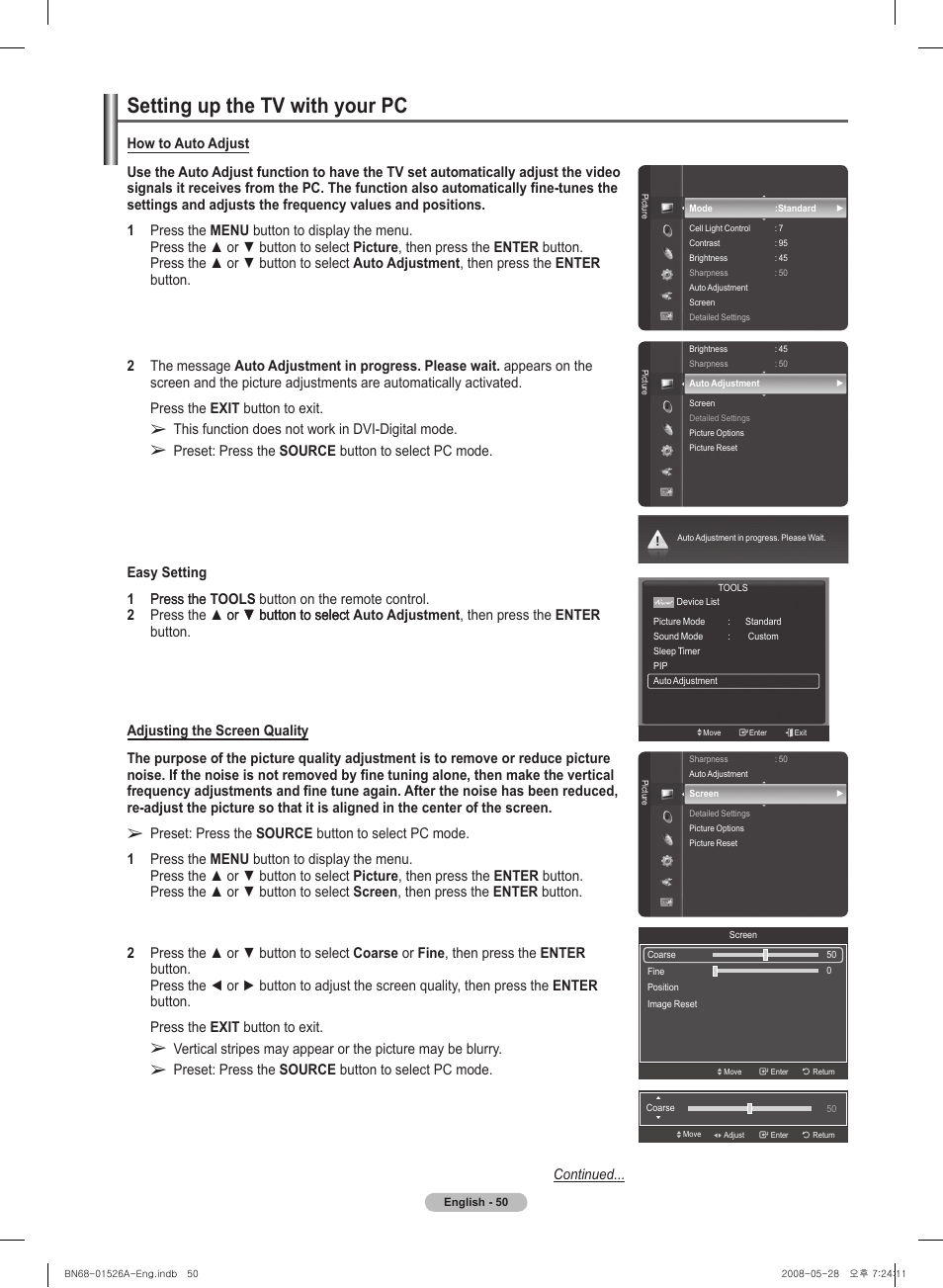 Setting up the tv with your pc | Samsung PN50A530S2FXZA User Manual | Page 50 / 168