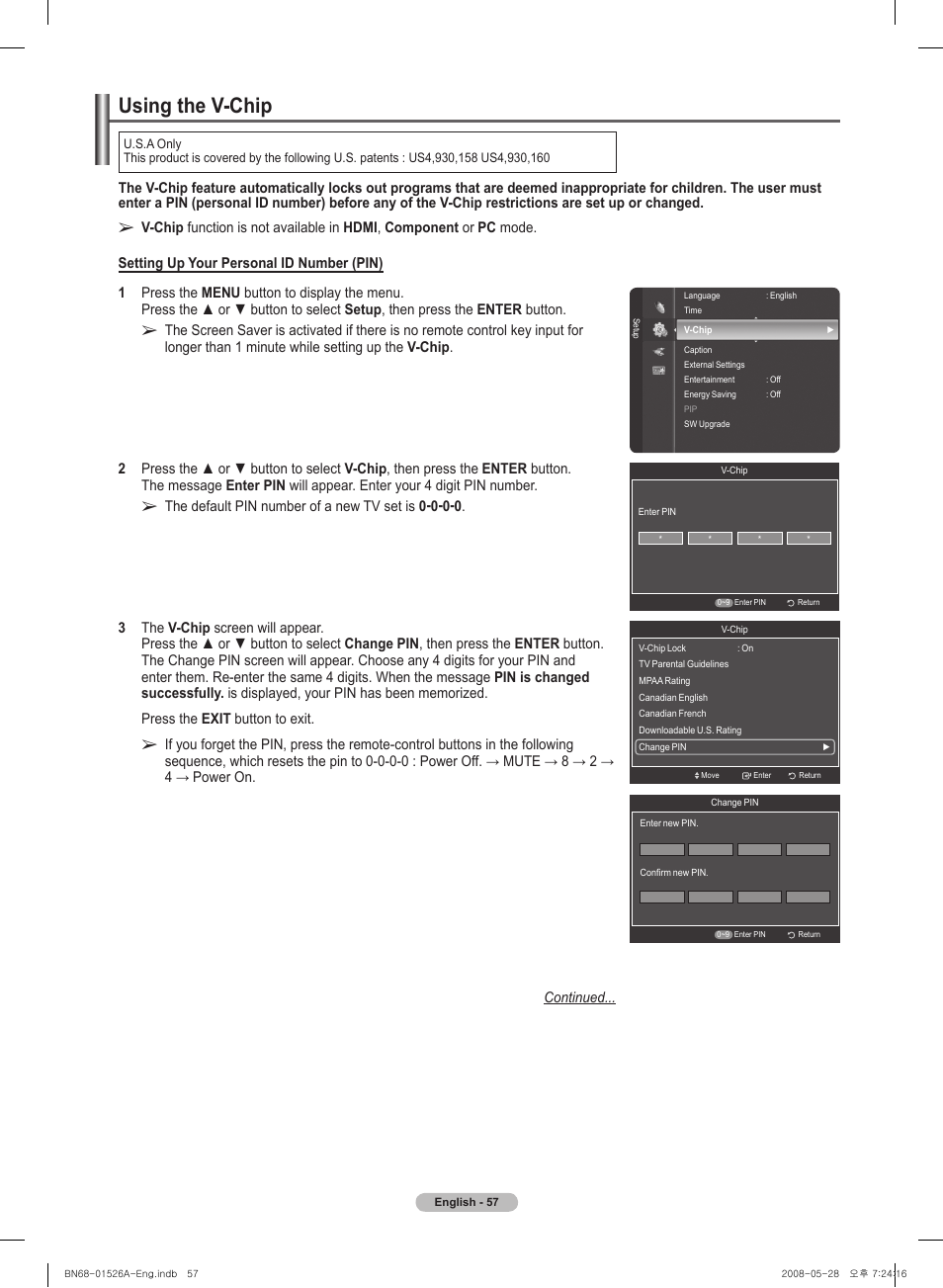 Using the v-chip | Samsung PN50A530S2FXZA User Manual | Page 57 / 168