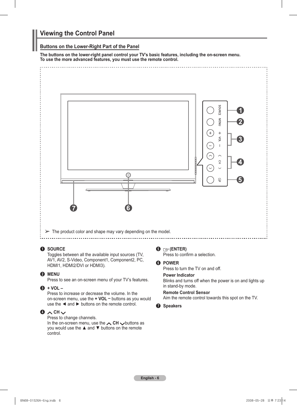 Viewing the control panel | Samsung PN50A530S2FXZA User Manual | Page 6 / 168