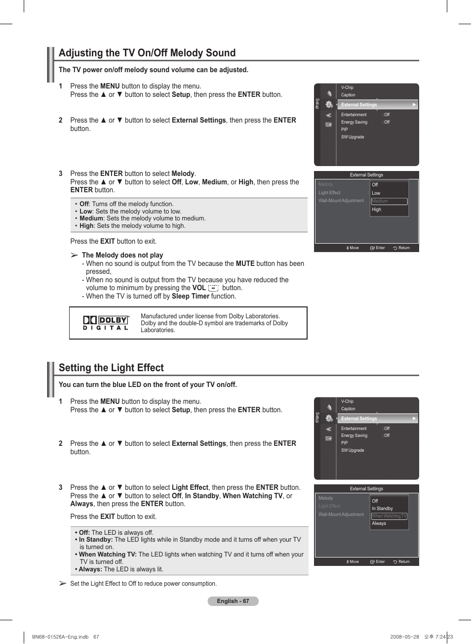 Adjusting the tv on/off melody sound, Setting the light effect | Samsung PN50A530S2FXZA User Manual | Page 67 / 168