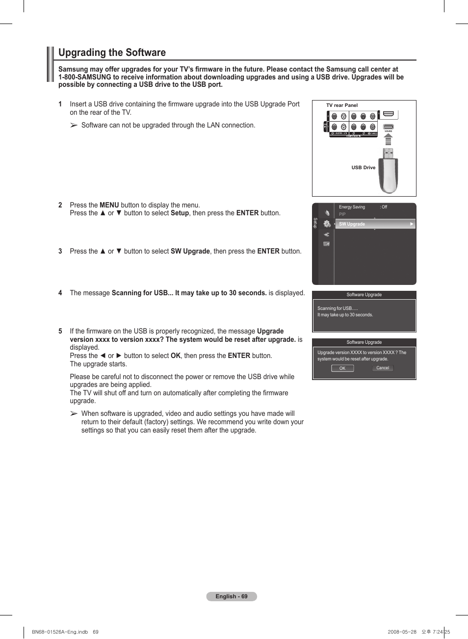 Upgrading the software | Samsung PN50A530S2FXZA User Manual | Page 69 / 168