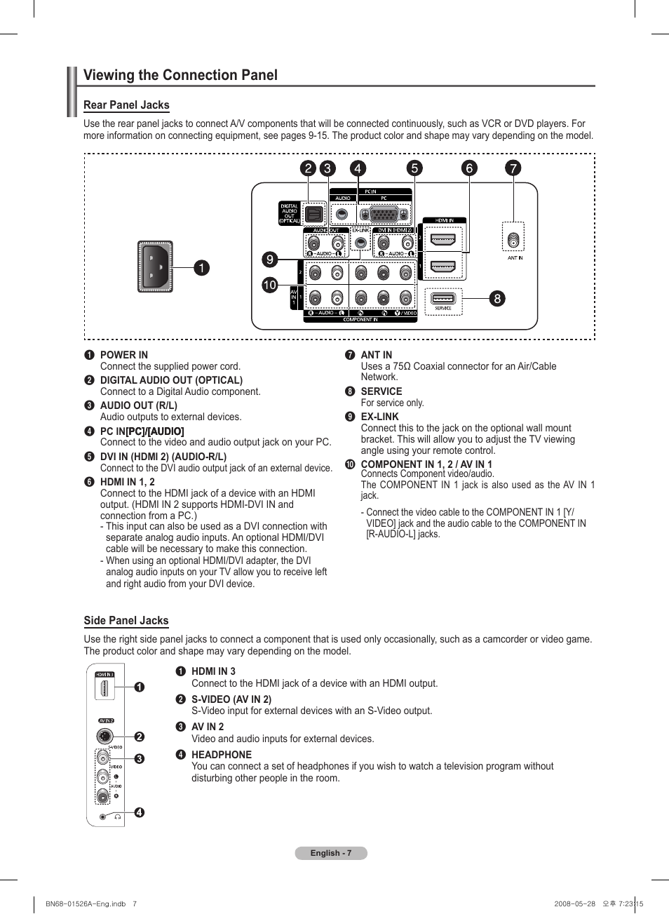Viewing the connection panel | Samsung PN50A530S2FXZA User Manual | Page 7 / 168