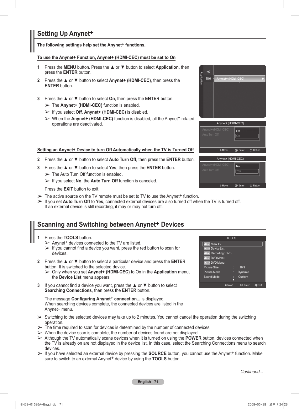 Setting up anynet, Scanning and switching between anynet+ devices | Samsung PN50A530S2FXZA User Manual | Page 71 / 168