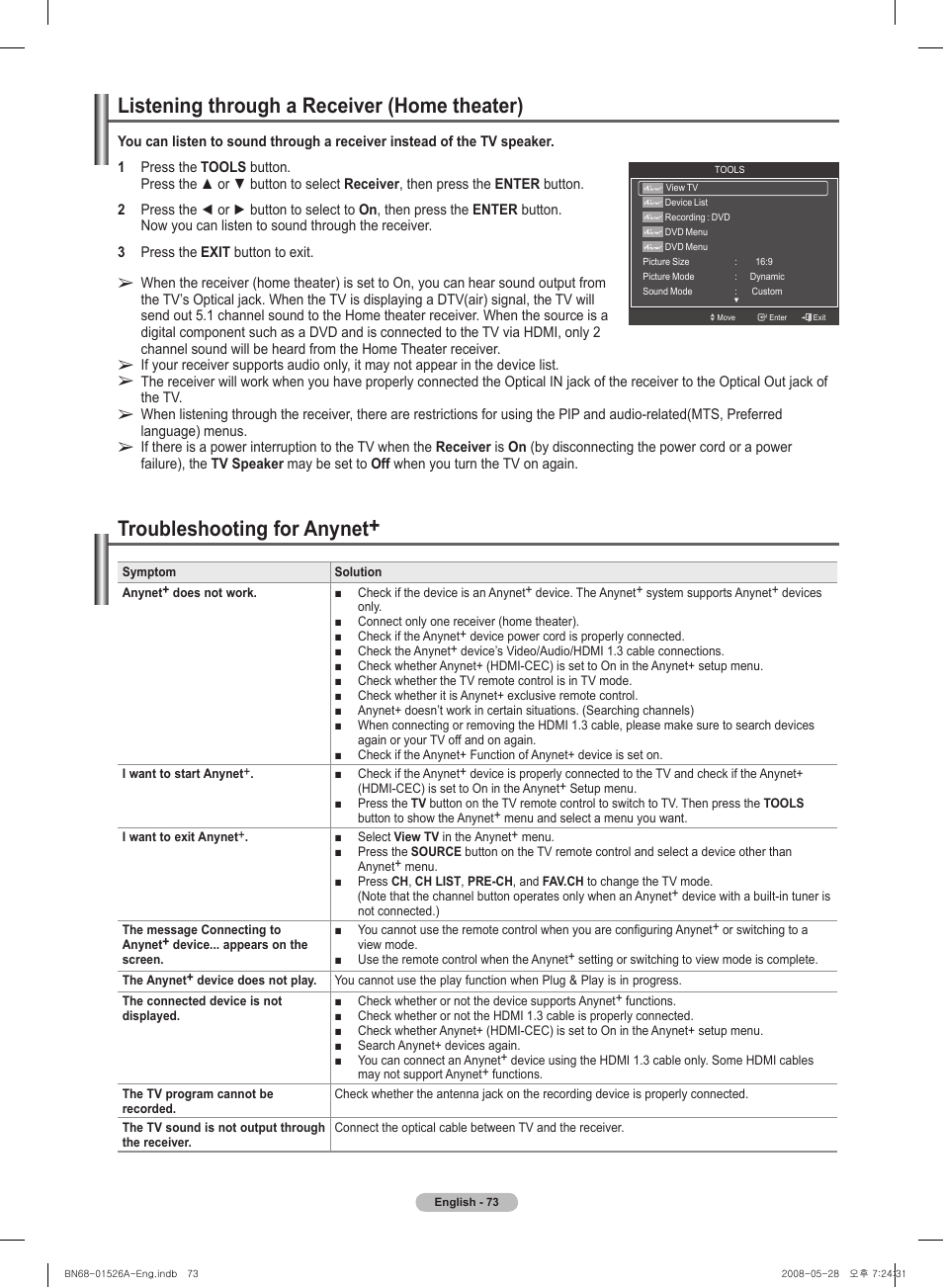 Listening through a receiver (home theater), Troubleshooting for anynet | Samsung PN50A530S2FXZA User Manual | Page 73 / 168