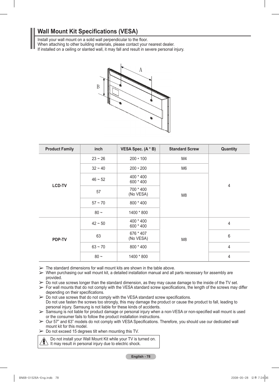 Wall mount kit specifications (vesa) | Samsung PN50A530S2FXZA User Manual | Page 78 / 168