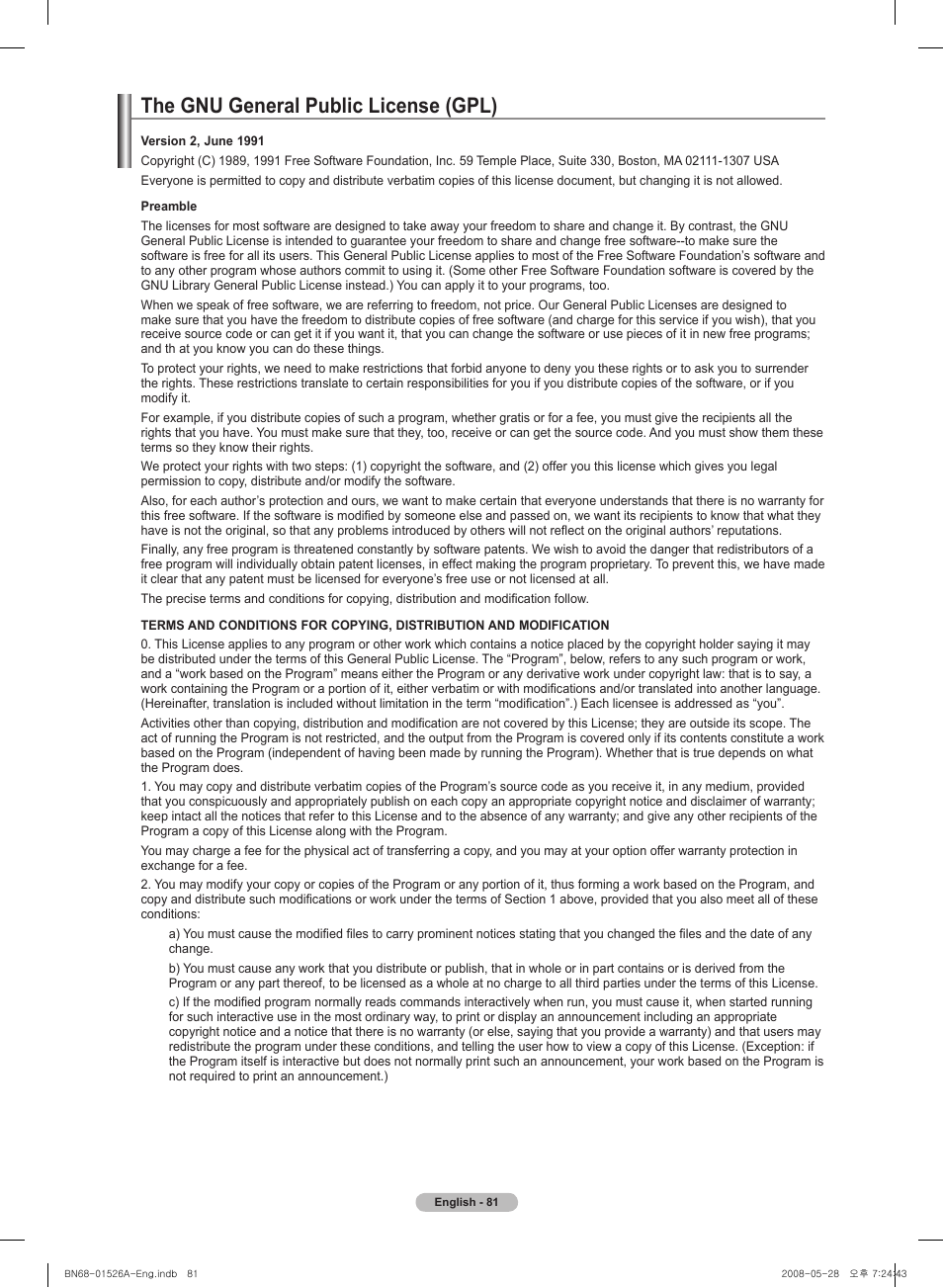The gnu general public license (gpl) | Samsung PN50A530S2FXZA User Manual | Page 81 / 168