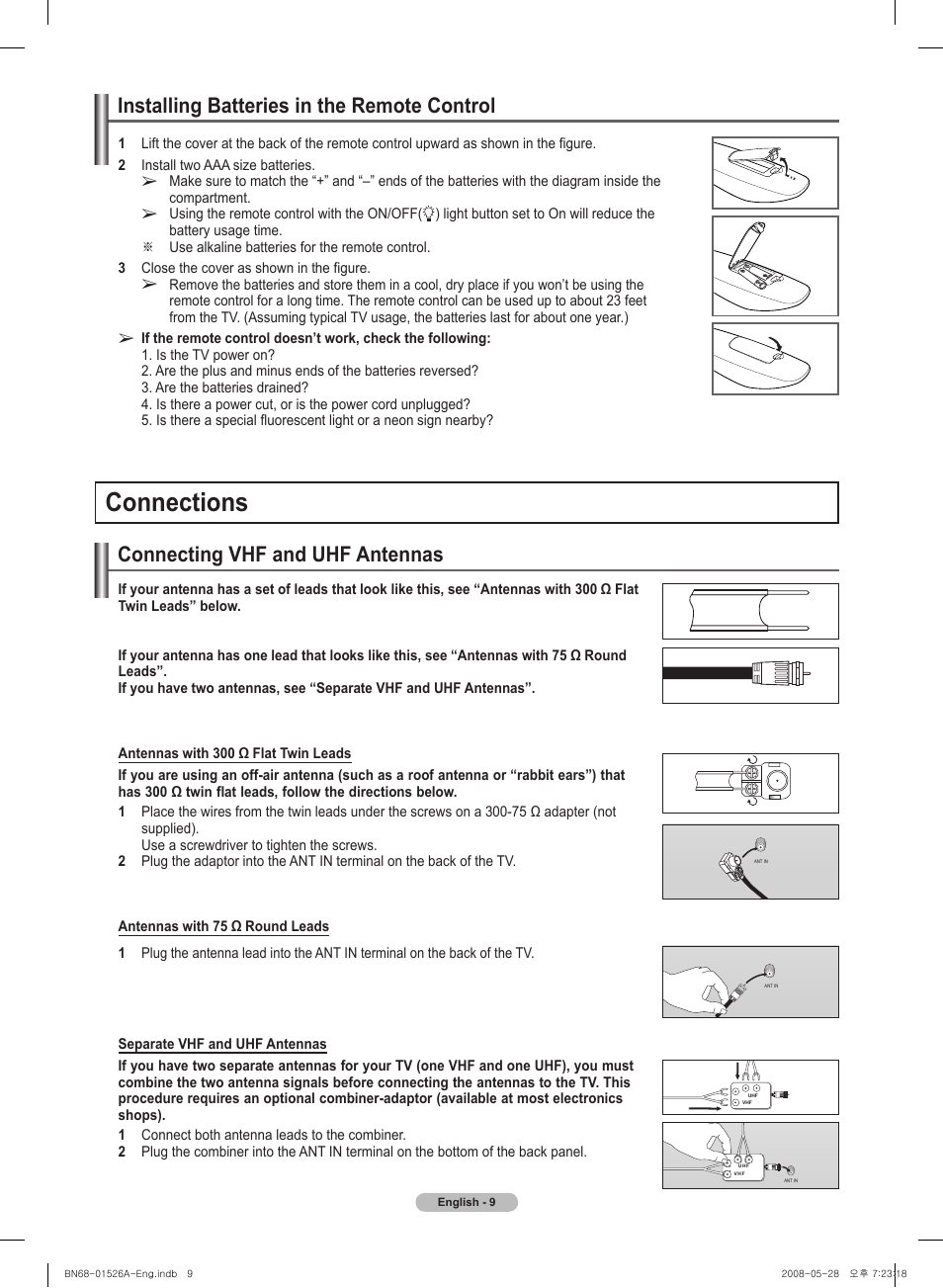Installing batteries in the remote control, Connections, Connecting vhf and uhf antennas | Samsung PN50A530S2FXZA User Manual | Page 9 / 168