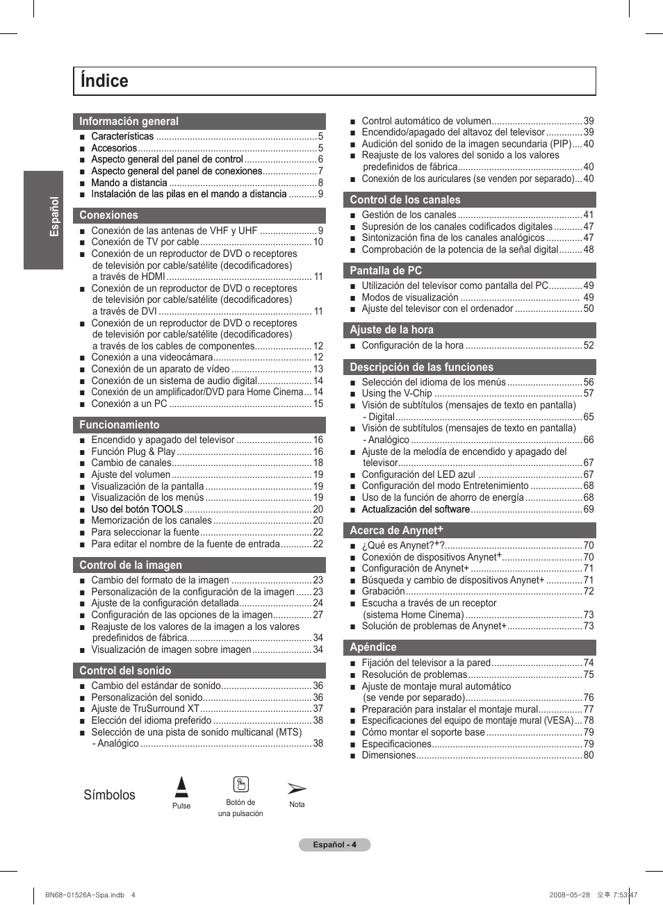 Índice, Símbolos | Samsung PN50A530S2FXZA User Manual | Page 91 / 168