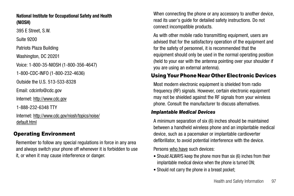 Operating environment, Using your phone near other electronic devices | Samsung SGH-A257URAATT User Manual | Page 101 / 121