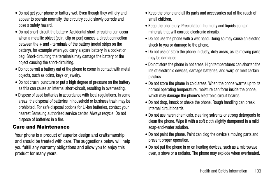 Care and maintenance | Samsung SGH-A257URAATT User Manual | Page 107 / 121