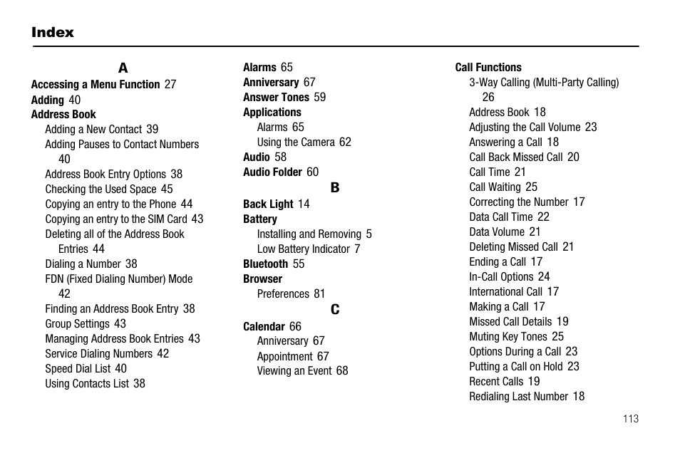 Index | Samsung SGH-A257URAATT User Manual | Page 117 / 121