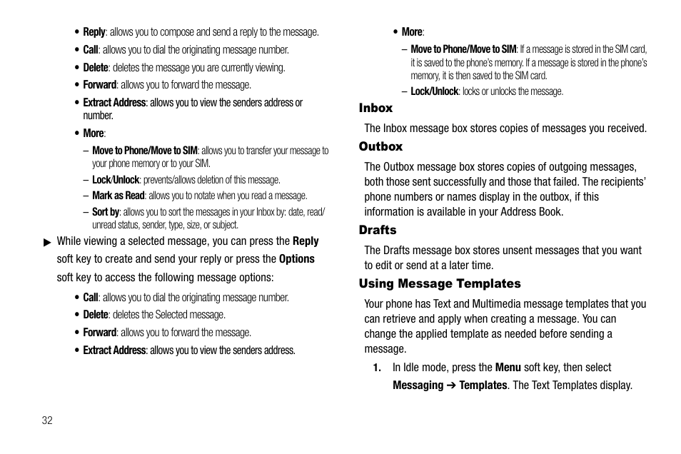 Inbox, Outbox, Drafts | Using message templates, Inbox outbox drafts using message templates | Samsung SGH-A257URAATT User Manual | Page 36 / 121