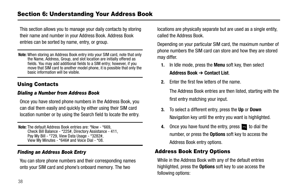 Section 6: understanding your address book, Using contacts, Address book entry options | Using contacts address book entry options | Samsung SGH-A257URAATT User Manual | Page 42 / 121