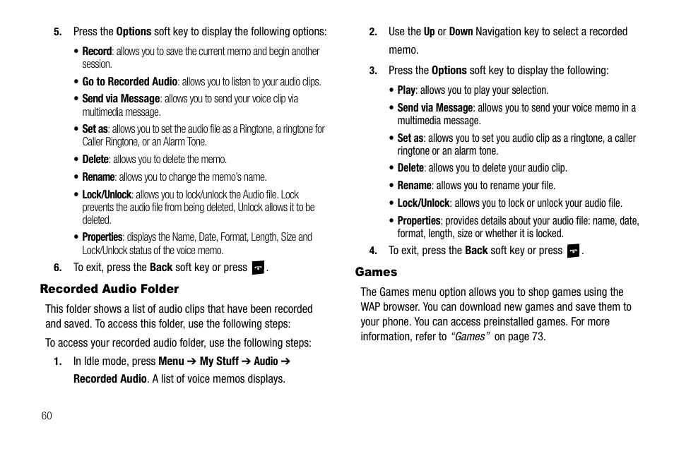 Recorded audio folder, Games, Recorded audio folder games | Samsung SGH-A257URAATT User Manual | Page 64 / 121