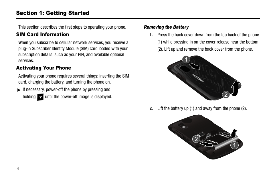 Section 1: getting started, Sim card information, Activating your phone | Sim card information activating your phone | Samsung SGH-A257URAATT User Manual | Page 8 / 121