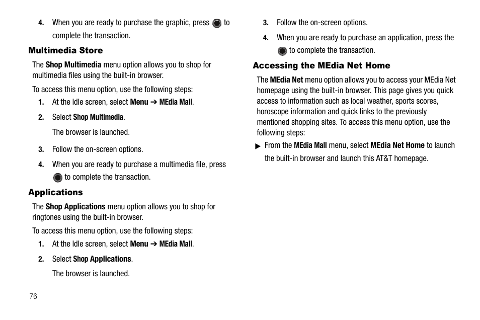 Multimedia store, Applications, Accessing the media net home | Samsung SGH-A257URAATT User Manual | Page 80 / 121