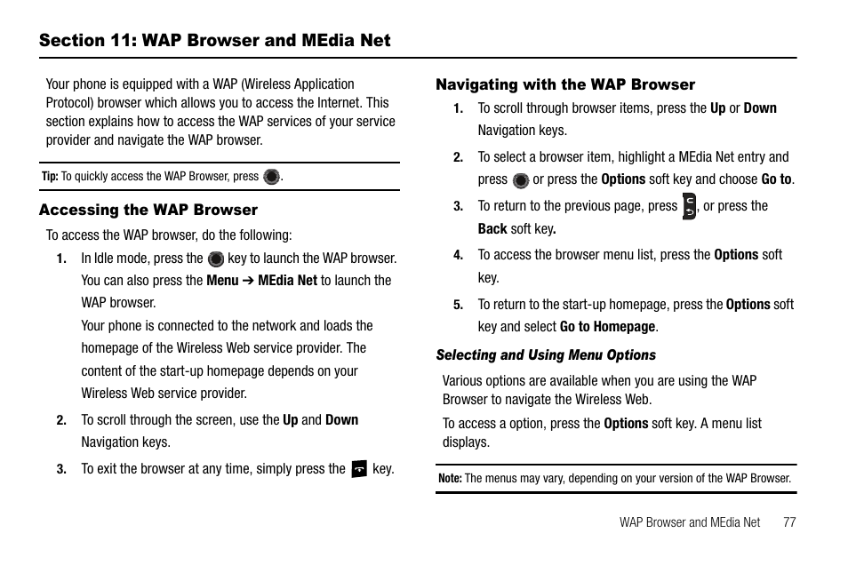 Section 11: wap browser and media net, Accessing the wap browser, Navigating with the wap browser | Samsung SGH-A257URAATT User Manual | Page 81 / 121