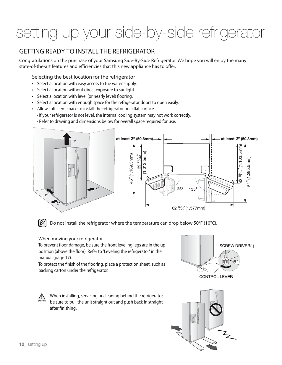 Setting up your side-by-side refrigerator, Getting ready to install the refrigerator | Samsung RS265TDPN-XAA User Manual | Page 10 / 72