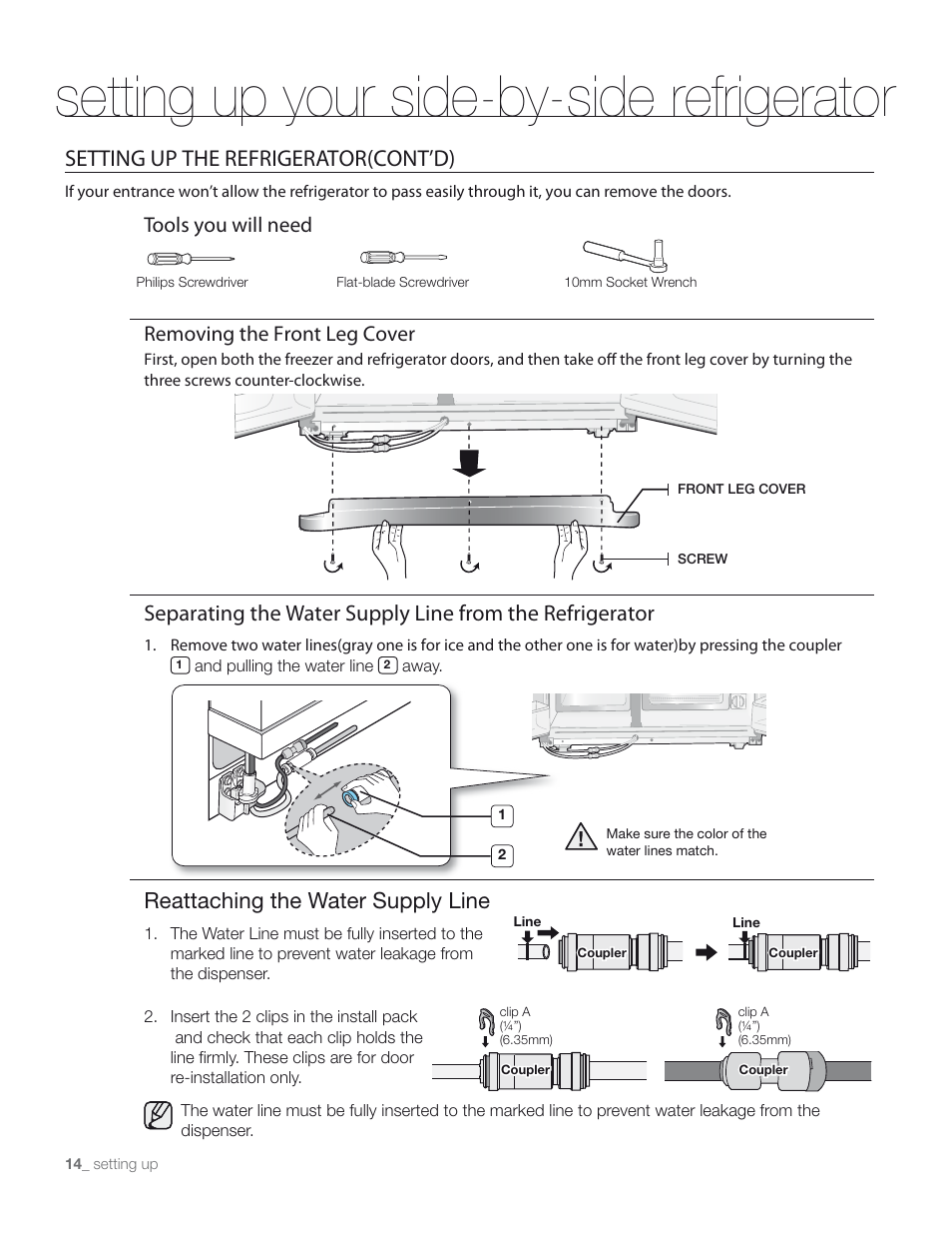 Setting up your side-by-side refrigerator, Setting up the refrigerator(cont’d), Reattaching the water supply line | Tools you will need removing the front leg cover | Samsung RS265TDPN-XAA User Manual | Page 14 / 72