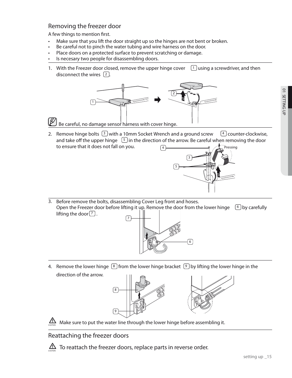 Removing the freezer door, Reattaching the freezer doors | Samsung RS265TDPN-XAA User Manual | Page 15 / 72