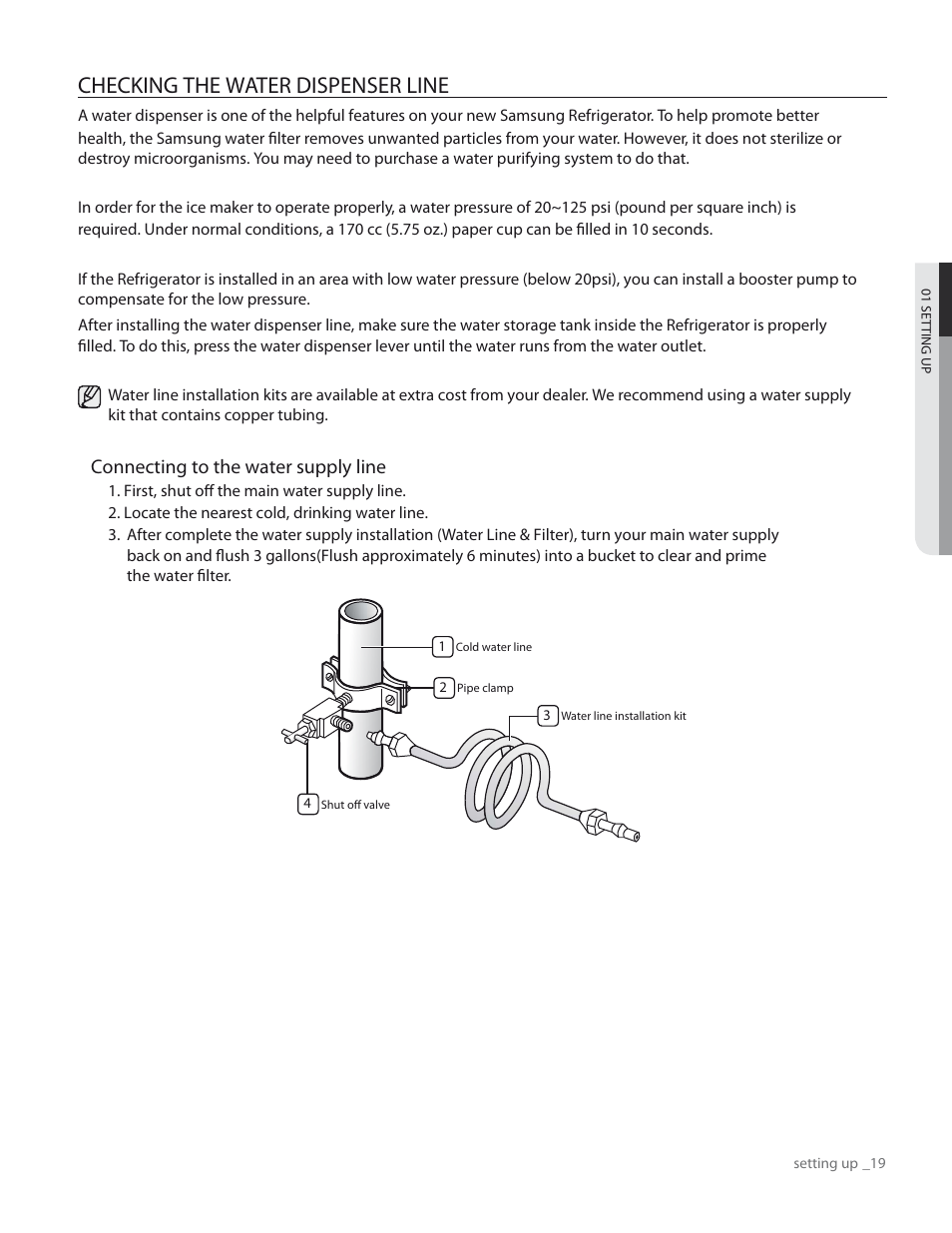 Checking the water dispenser line, Connecting to the water supply line | Samsung RS265TDPN-XAA User Manual | Page 19 / 72