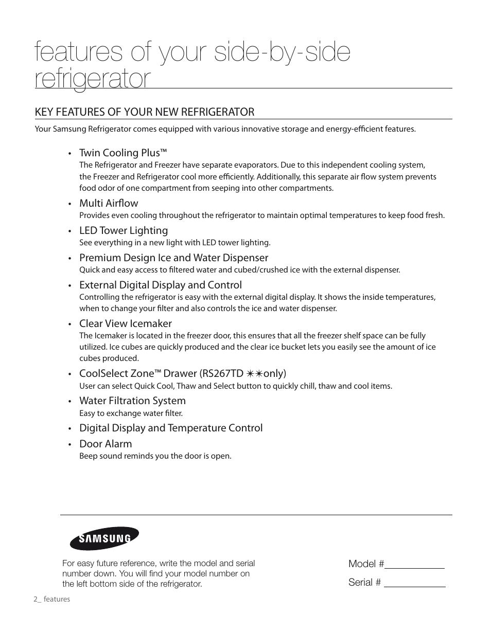 Features of your side-by-side refrigerator | Samsung RS265TDPN-XAA User Manual | Page 2 / 72