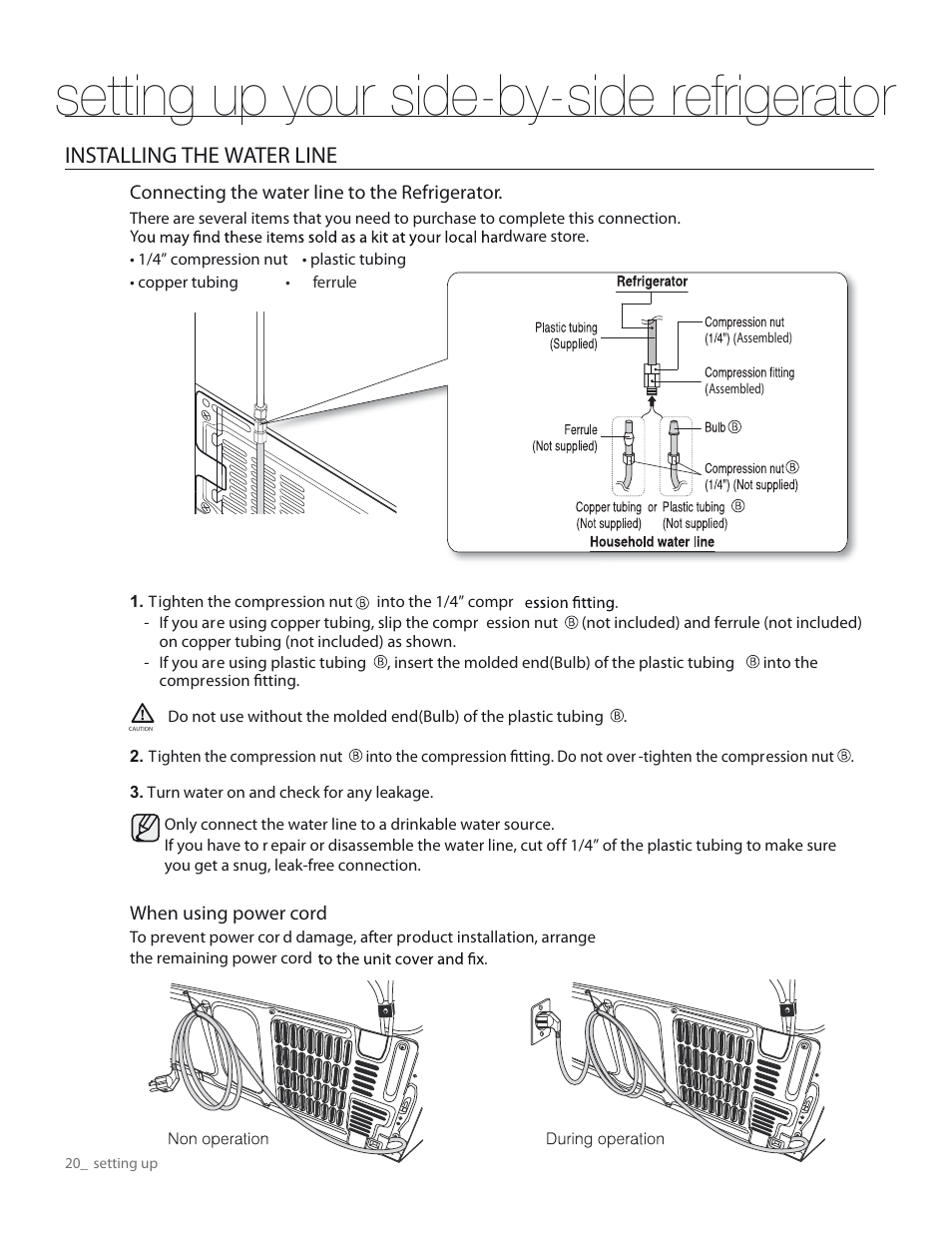 Setting up your side-by-side refrigerator, Installing the water line | Samsung RS265TDPN-XAA User Manual | Page 20 / 72