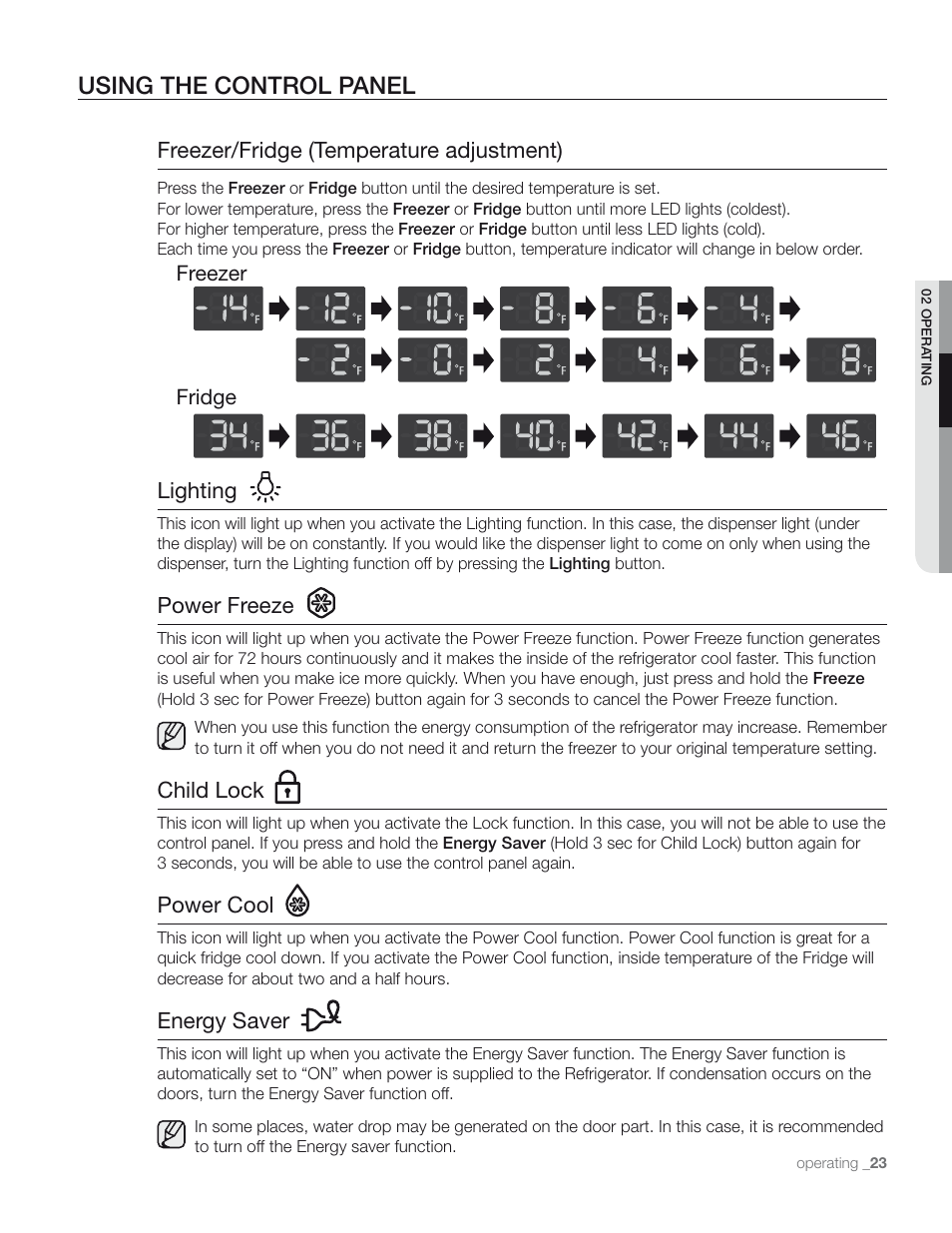 Using the control panel, Freezer/fridge (temperature adjustment), Lighting | Power freeze, Child lock, Power cool, Energy saver | Samsung RS265TDPN-XAA User Manual | Page 23 / 72