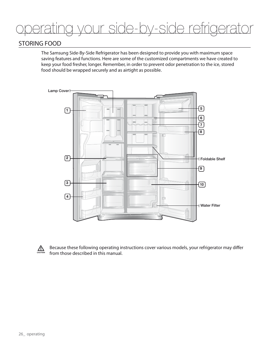 Operating your side-by-side refrigerator, Storing food | Samsung RS265TDPN-XAA User Manual | Page 26 / 72