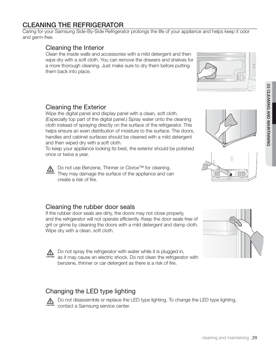 Cleaning the refrigerator, Cleaning the interior, Cleaning the exterior | Cleaning the rubber door seals, Changing the led type lighting | Samsung RS265TDPN-XAA User Manual | Page 29 / 72