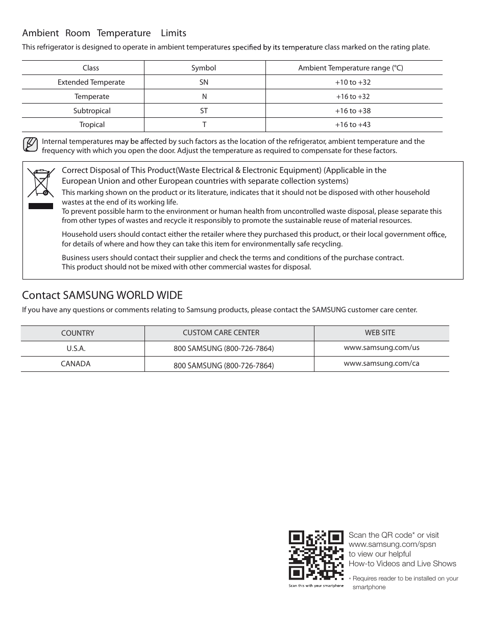 Contact samsung world wide, Ambient room temperature limits | Samsung RS265TDPN-XAA User Manual | Page 36 / 72