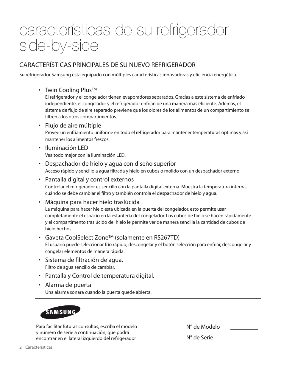 Características de su refrigerador side-by-side | Samsung RS265TDPN-XAA User Manual | Page 38 / 72