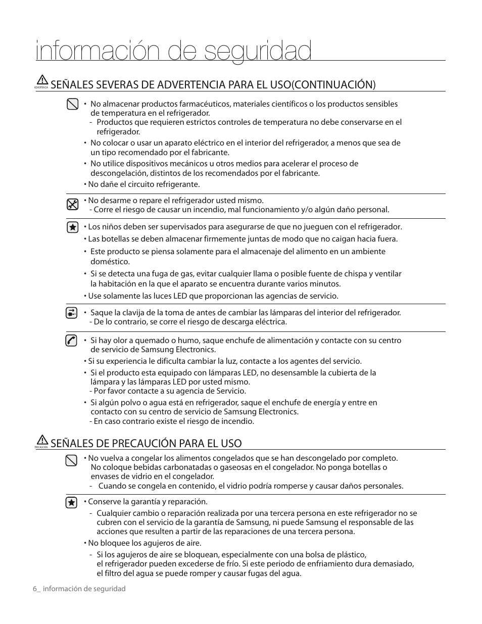 Información de seguridad | Samsung RS265TDPN-XAA User Manual | Page 42 / 72