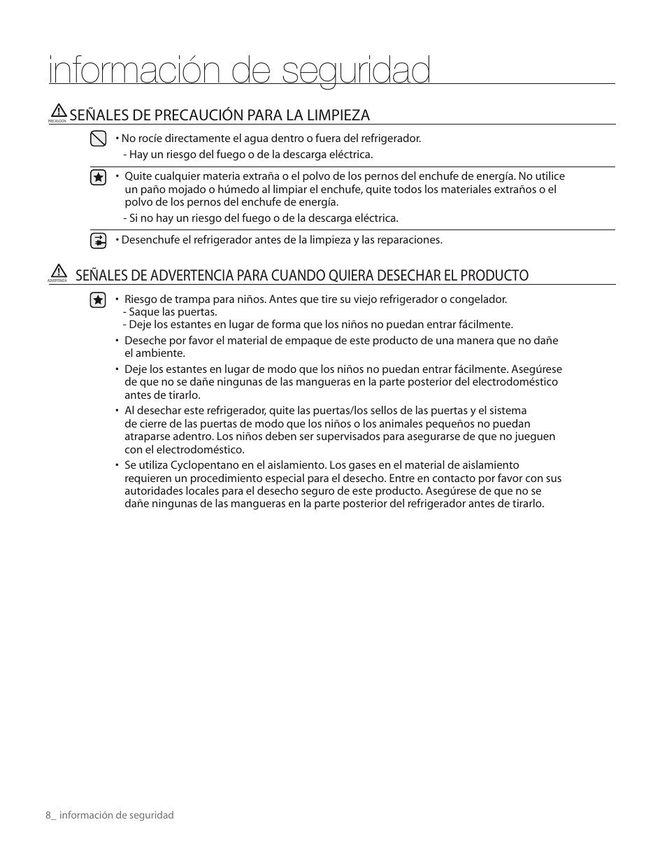Información de seguridad, Señales de precaución para la limpieza | Samsung RS265TDPN-XAA User Manual | Page 44 / 72
