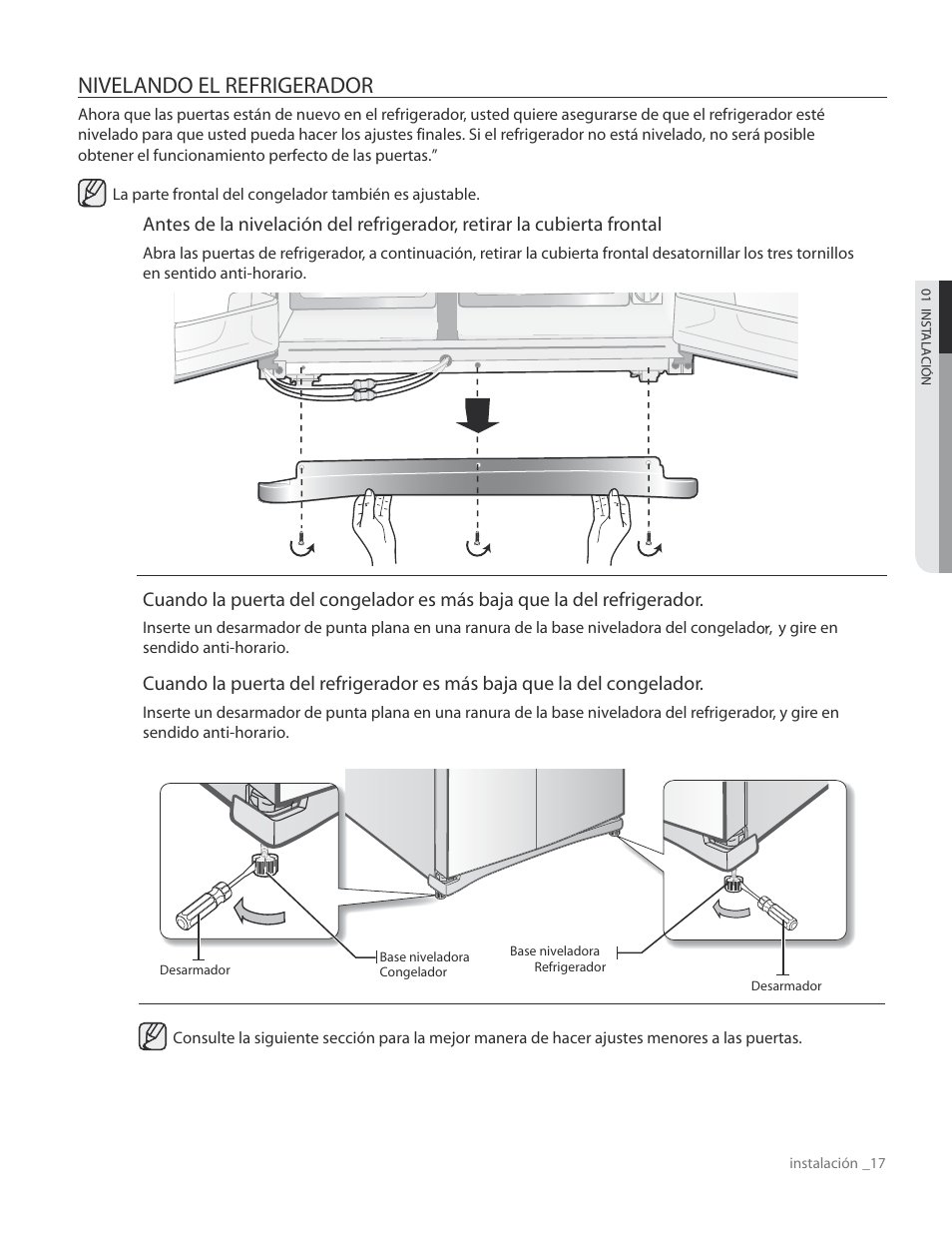 Nivelando el refrigerador | Samsung RS265TDPN-XAA User Manual | Page 53 / 72