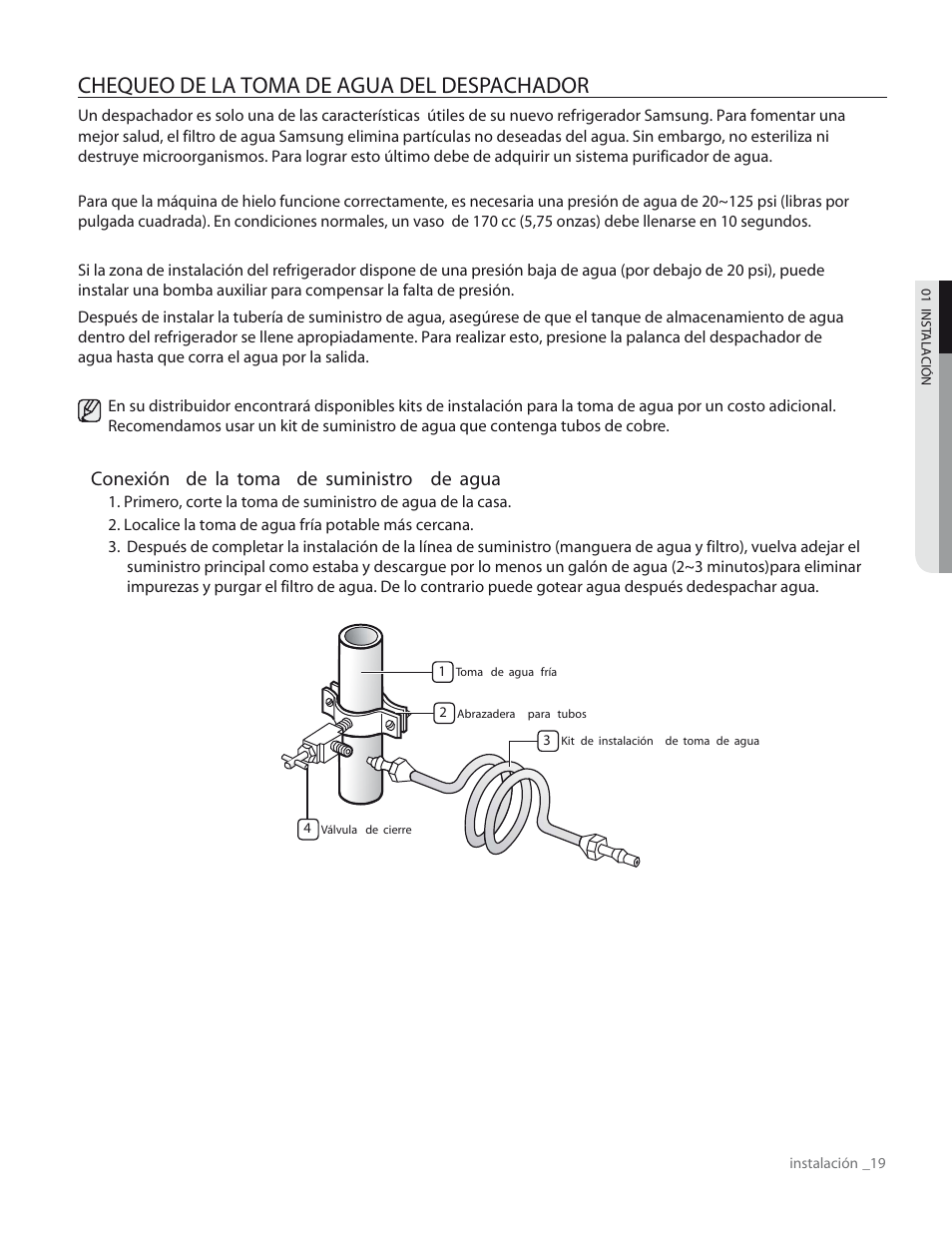 Chequeo de la toma de agua del despachador, Conexión de la toma de suministro de agua | Samsung RS265TDPN-XAA User Manual | Page 55 / 72