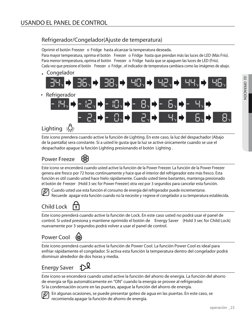 Usando el panel de control, Refrigerador/congelador(ajuste de temperatura), Lighting | Power freeze, Child lock, Power cool, Energy saver | Samsung RS265TDPN-XAA User Manual | Page 59 / 72