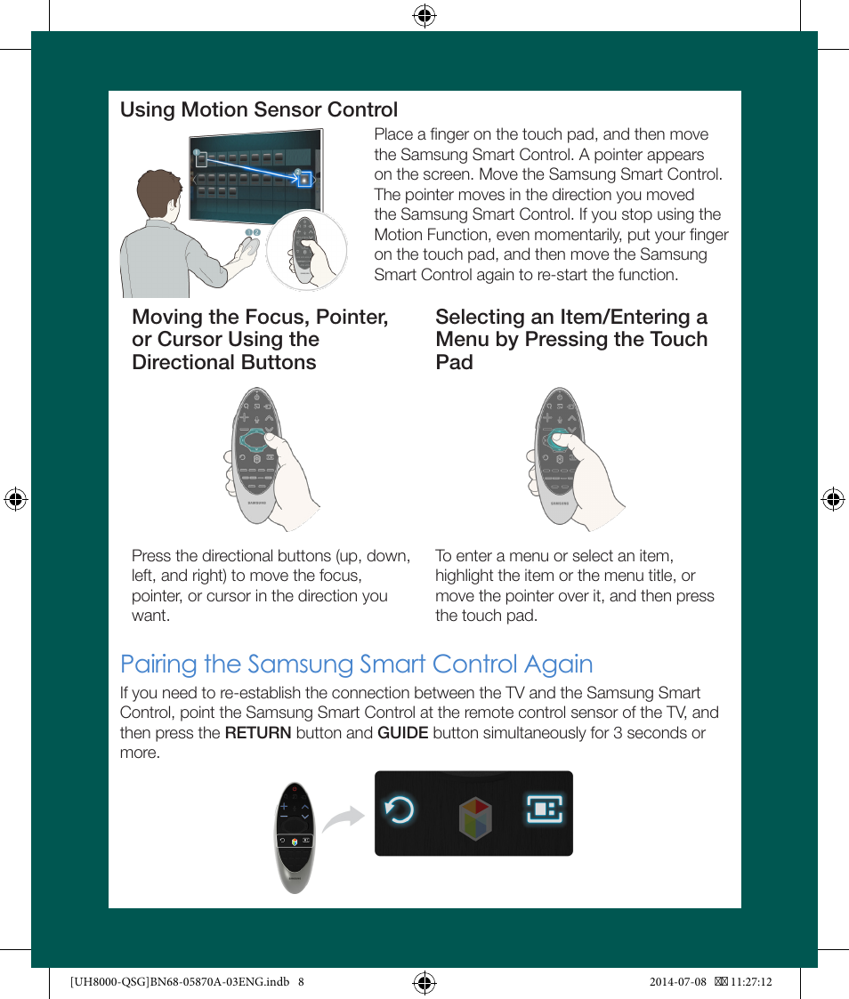 Pairing the samsung smart control again | Samsung UN55H8000AFXZA User Manual | Page 8 / 12