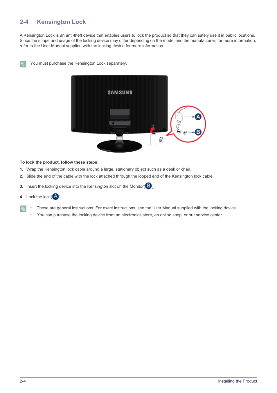 4 kensington lock, Kensington lock -4 | Samsung LS22B350HS-ZA User Manual | Page 19 / 89