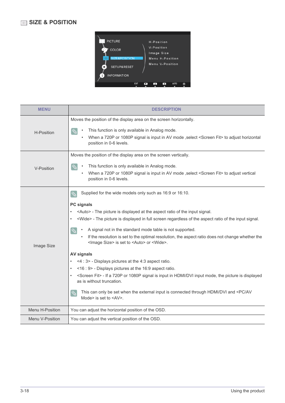 Size & position | Samsung LS22B350HS-ZA User Manual | Page 43 / 89