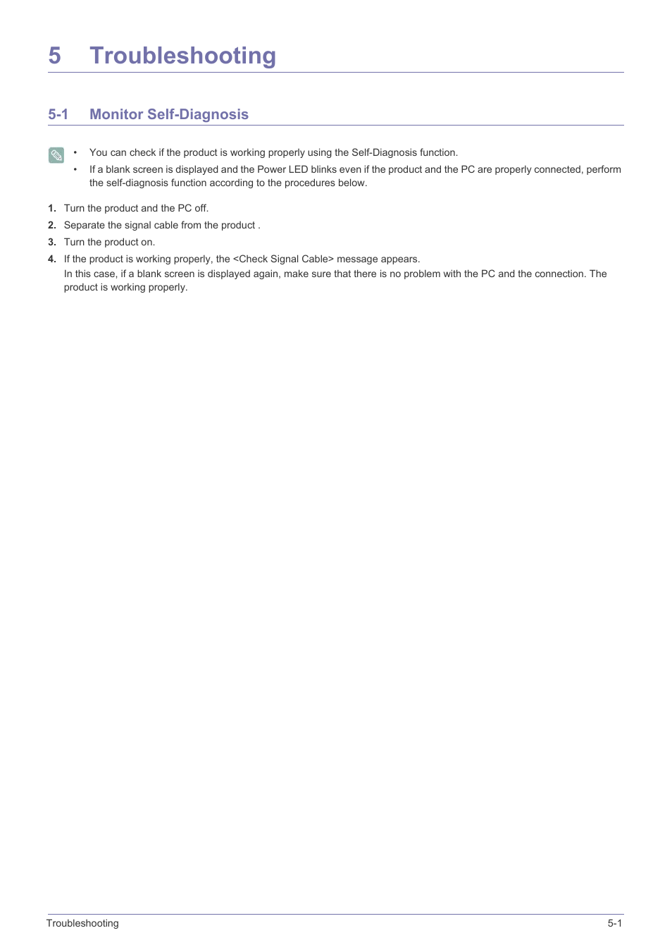 5 troubleshooting, 1 monitor self-diagnosis, Troubleshooting | Monitor self-diagnosis -1, 5troubleshooting | Samsung LS22B350HS-ZA User Manual | Page 50 / 89