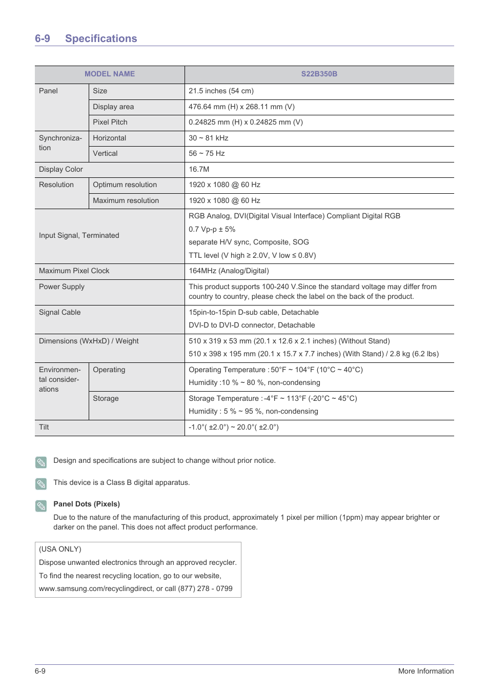 9 specifications, Specifications -9 | Samsung LS22B350HS-ZA User Manual | Page 63 / 89